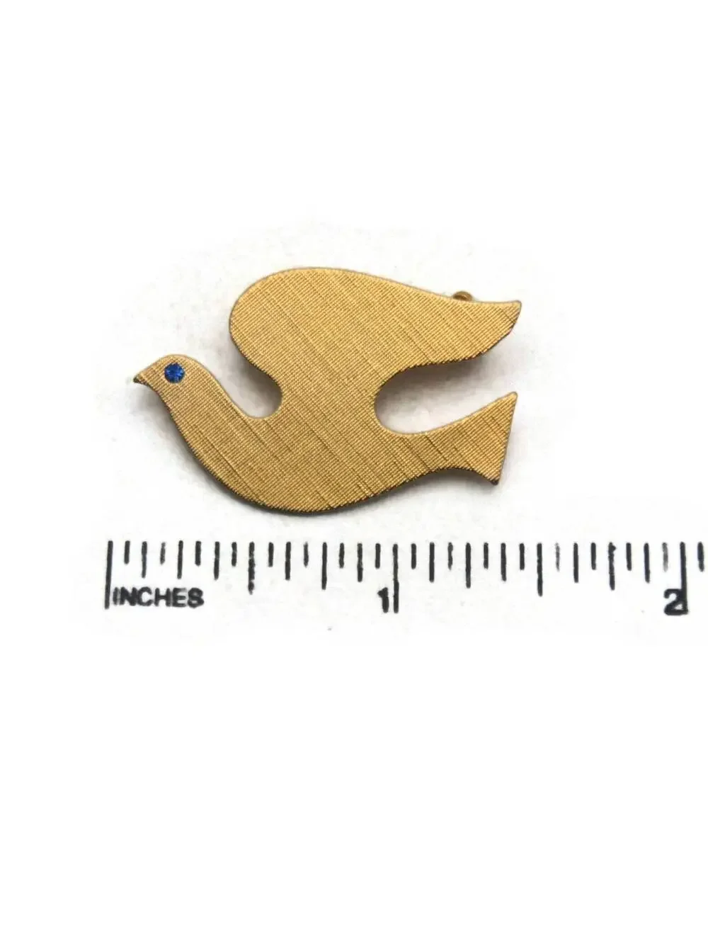Vintage Brushed Gold Tone Dove Brooch with Blue Rhinestone Eye.